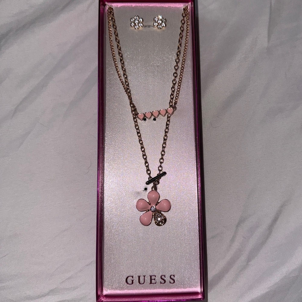 Guess Pink Floral Crystal Necklace Set